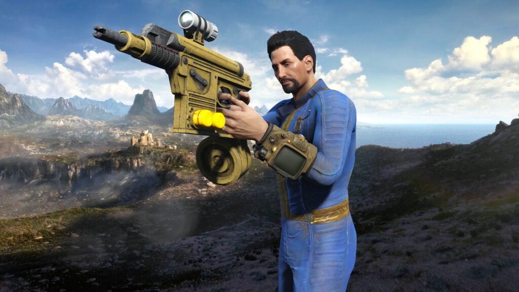 The Vault Dweller from Fallout 4 standing in front of mountains from The Elder Scrolls 6