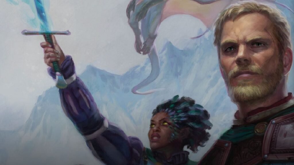 Eder and Pallegina from Pillars of Eternity looking heroic with mountains and dragon in the background