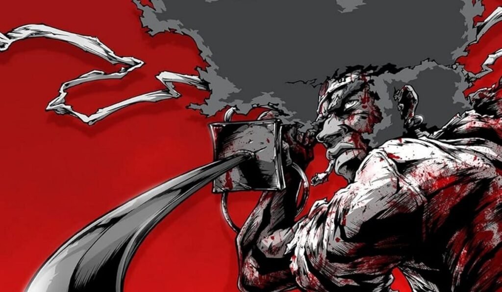 AFRO SAMURAI is simply that good a samurai wields his sword. the background is the color of blood.