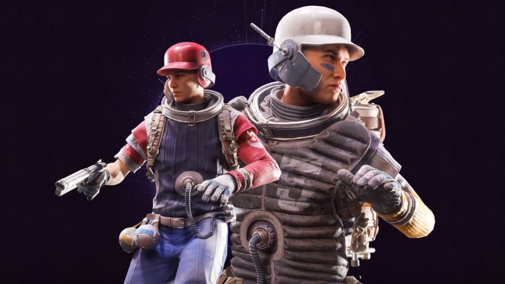 Arc Raiders Shared Watch: The Slugger outfit promotional art, depicting two characters. One is smaller on the left side, wearing a red and blue version, while the figure on the right is larger and wearing a yellow, armour variant.