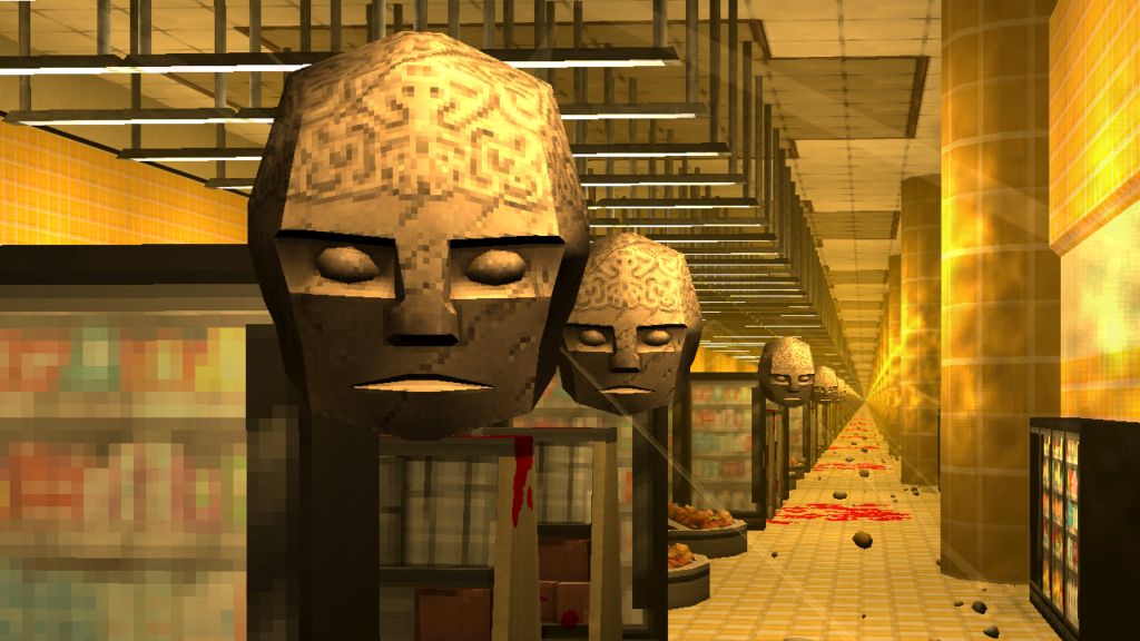 Unnerving floating heads in hazy yellow convenience store.