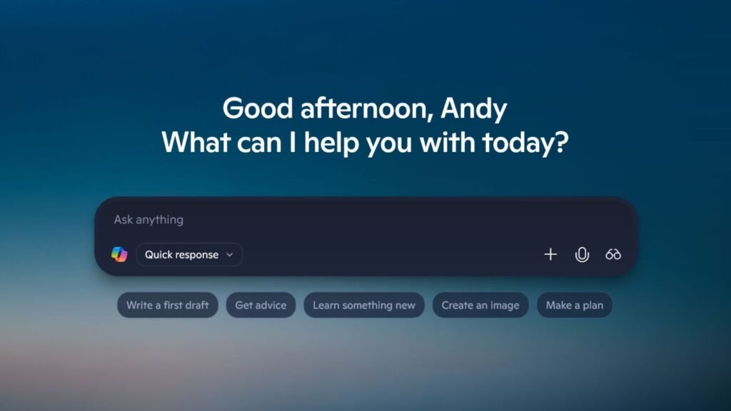 A Microsoft Copilot app homepage, for Andy
