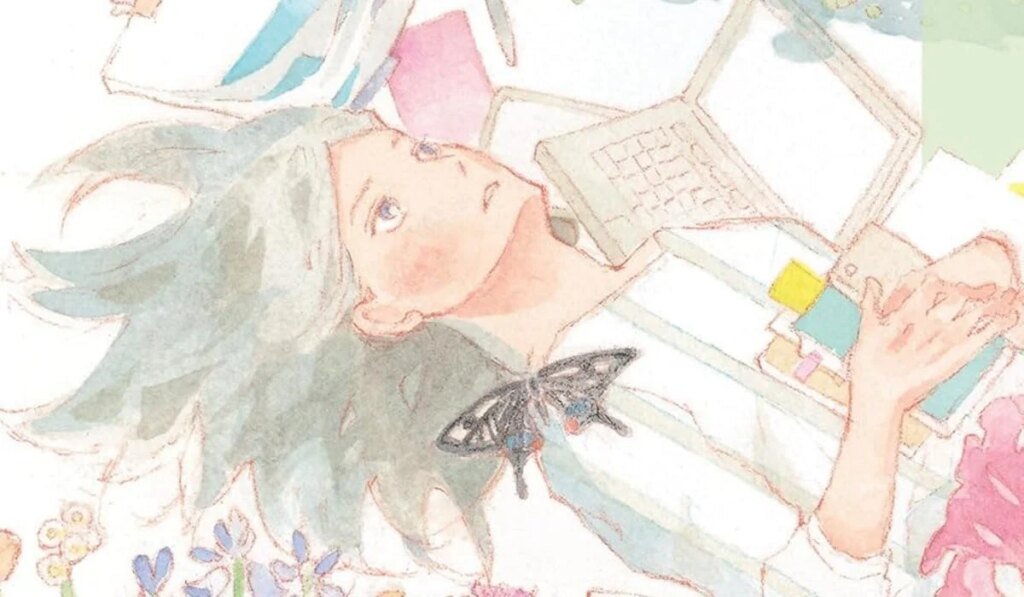 A woman lies in a field of flowers. She is surrounded by scripts, notebooks and a laptop. A butterfly flies in the foreground.