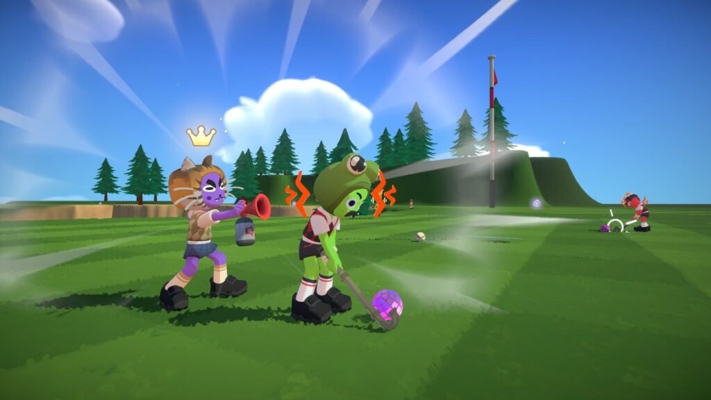 A golfer dressed as a frog is distracted by a golfer dressed as a cat blowing an airhorn directly behind them.