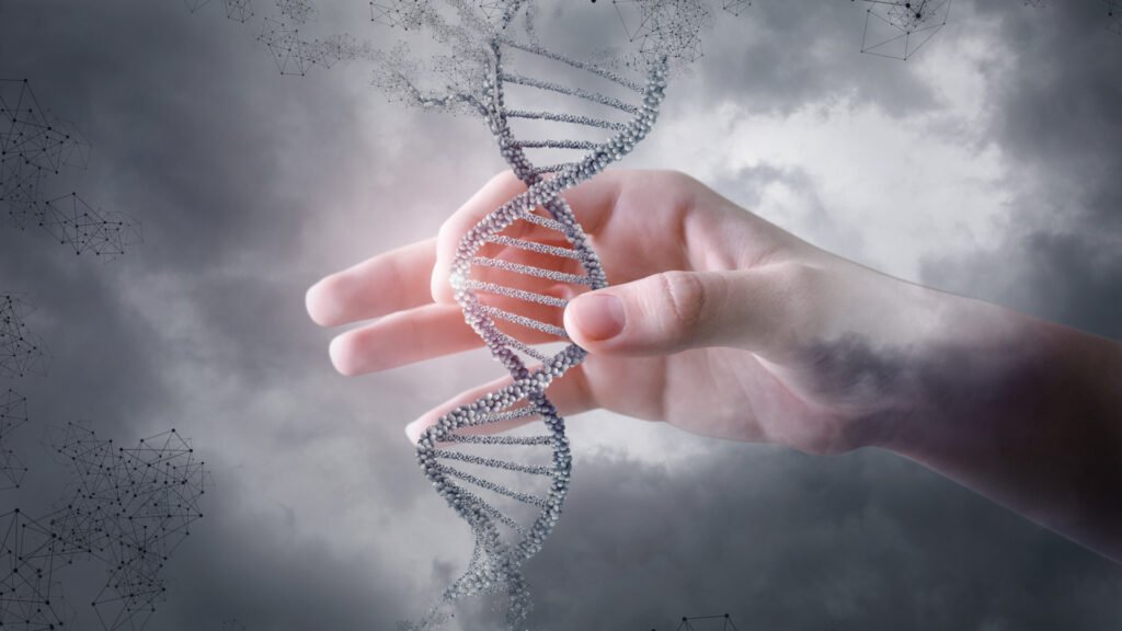 A hand encloses a strand of dna, with a background of clouds and small molecules
