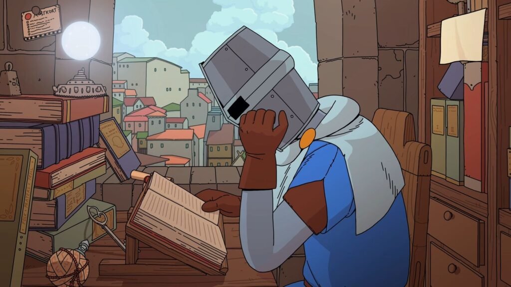 Esoteric Ebb helmeted medieval cleric reading book next to open window with city below