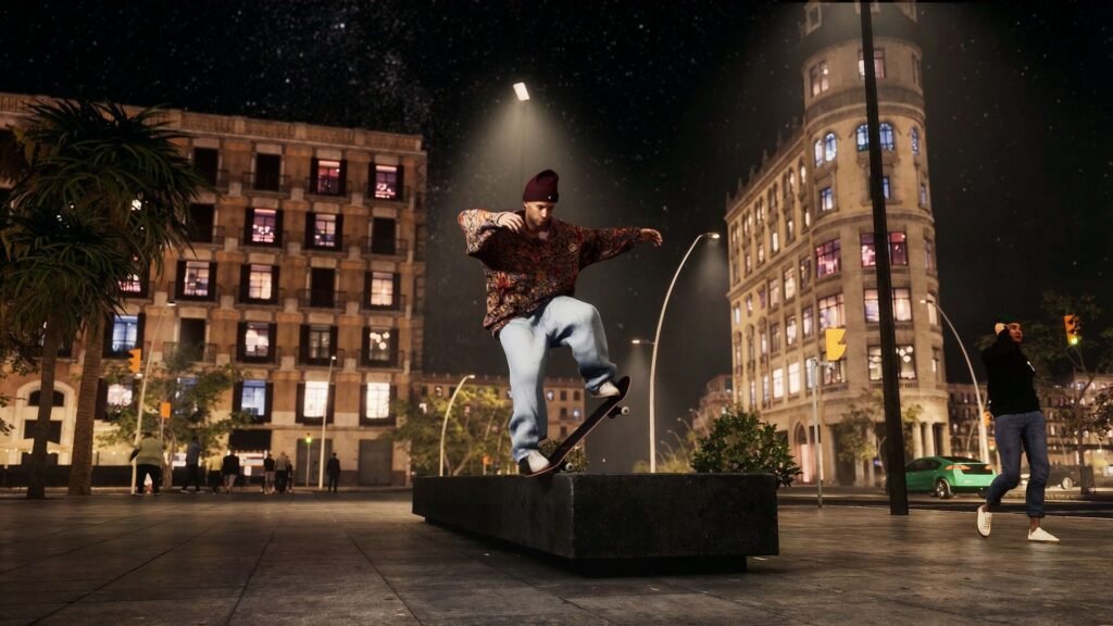A skater balancing on a concrete bench at night in Skate Style.