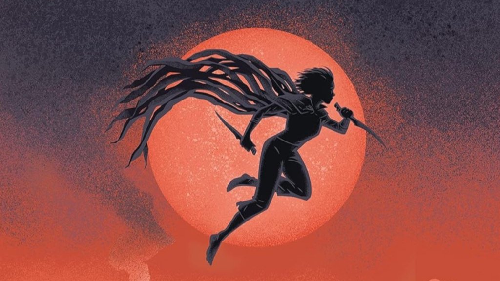 Vin flying through the air with a cloak and knife on the Mistborn cover