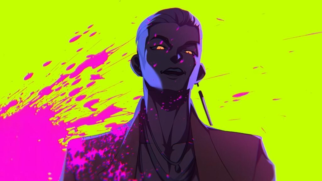 The Trickster from Dead by Daylight. The image is from his Kpop music video and heavily stylized with pink blood spatter on a yellow background.
