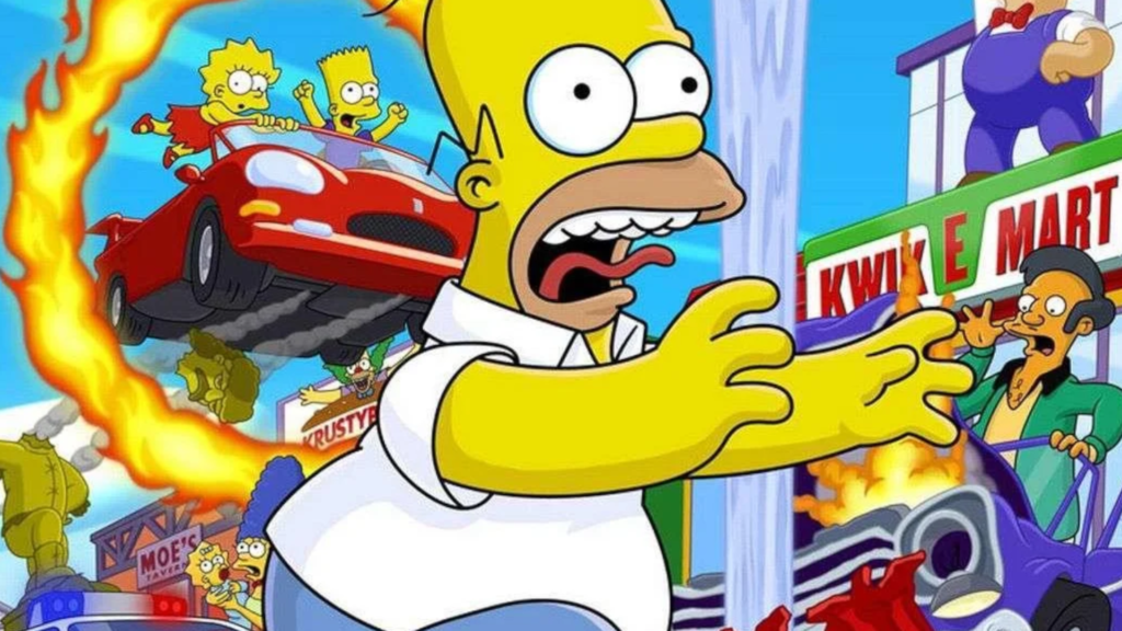 Homer Simpson screams, running through vehicular carnage as part of the box art for The Simpsons: Hit &amp; Run.