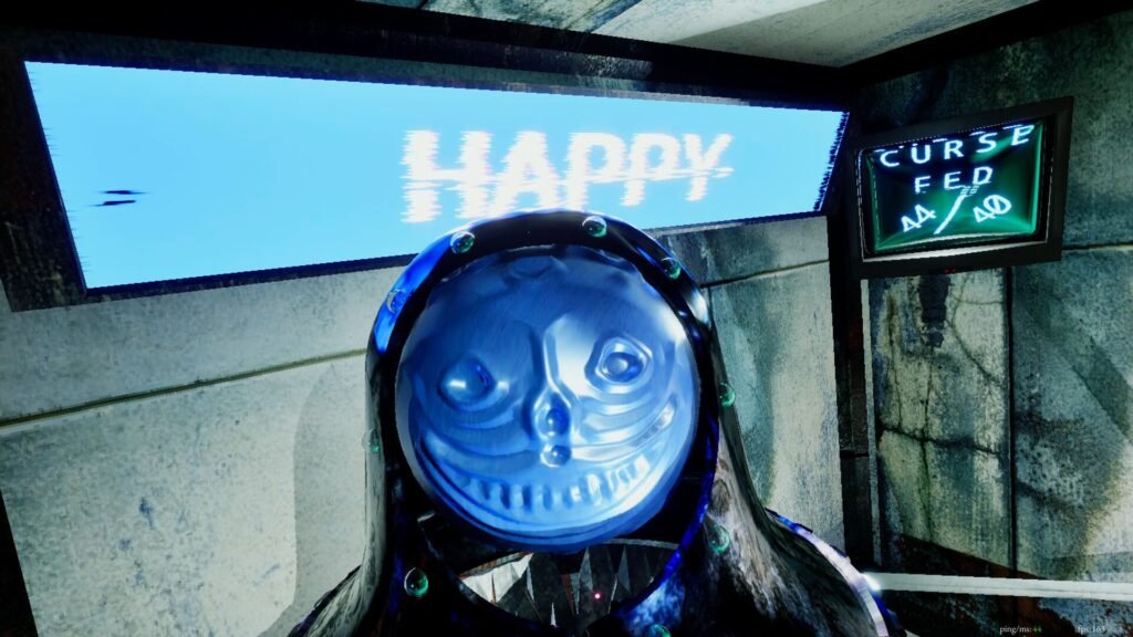 A strange blue-masked character stands in front of a screen