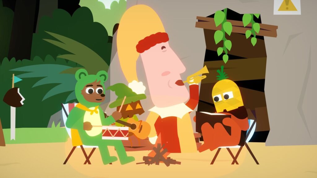 A giant jester blows on a tiny trumpet