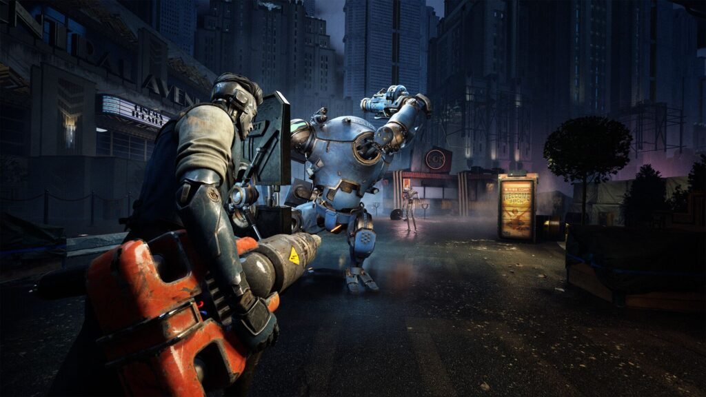 I’m unsure how much of a detective game Artificial Detective will be, but I enjoyed the bit in the trailer when your character attacks a robot with a massive drill An android detective attacks a large blue robot with a massive drill.