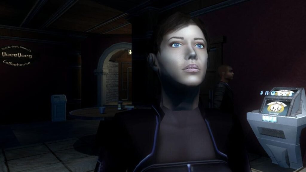 Alex D, her face lit by a hologram, and improved by the Visible Upgrade mod