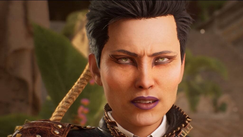 A rogue with a bow on her back raises an eyebrow