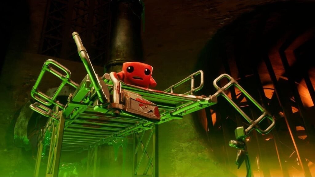 Super Meat Boy 3D has no vibe Super Meat Boy 3D screenshot showing Meat Boy on a rundown metal bridge