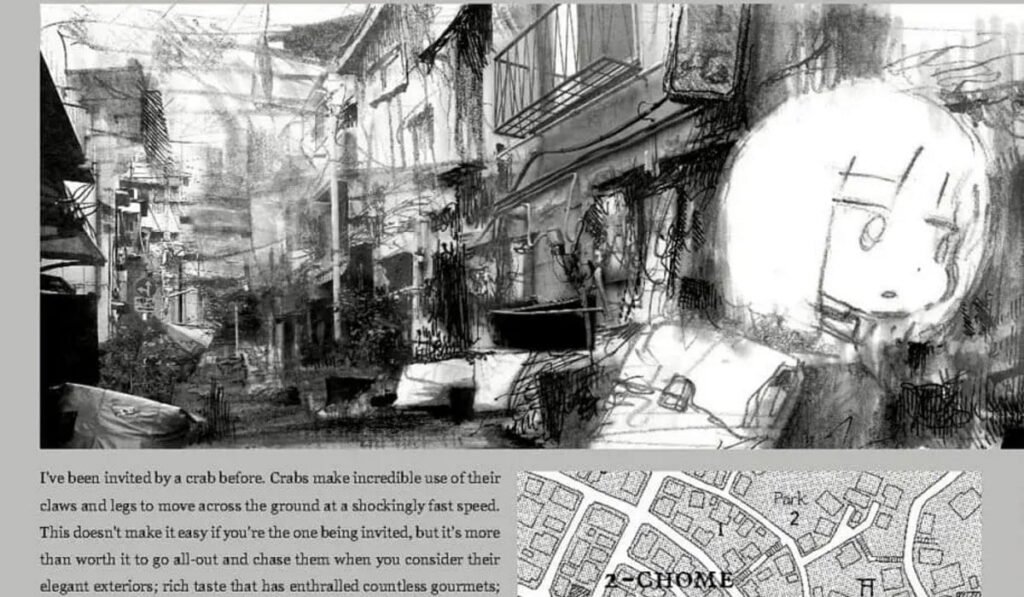 A person wearing a backpack walks through a street of apartments. Beneath reads a paragraph of text: I've been invited by a crab before.