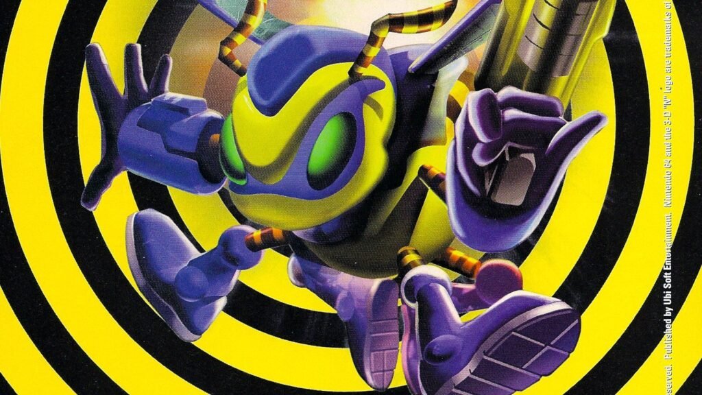 Buck Bumble, a mutant bee-man, wields some kind of pistol against a black and yellow background.