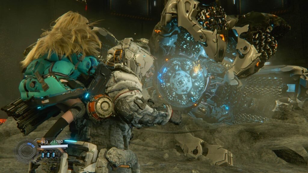 Screenshot from Capcom's PRAGMATA - Hugh and Diana facing off against lunar digger mining robot