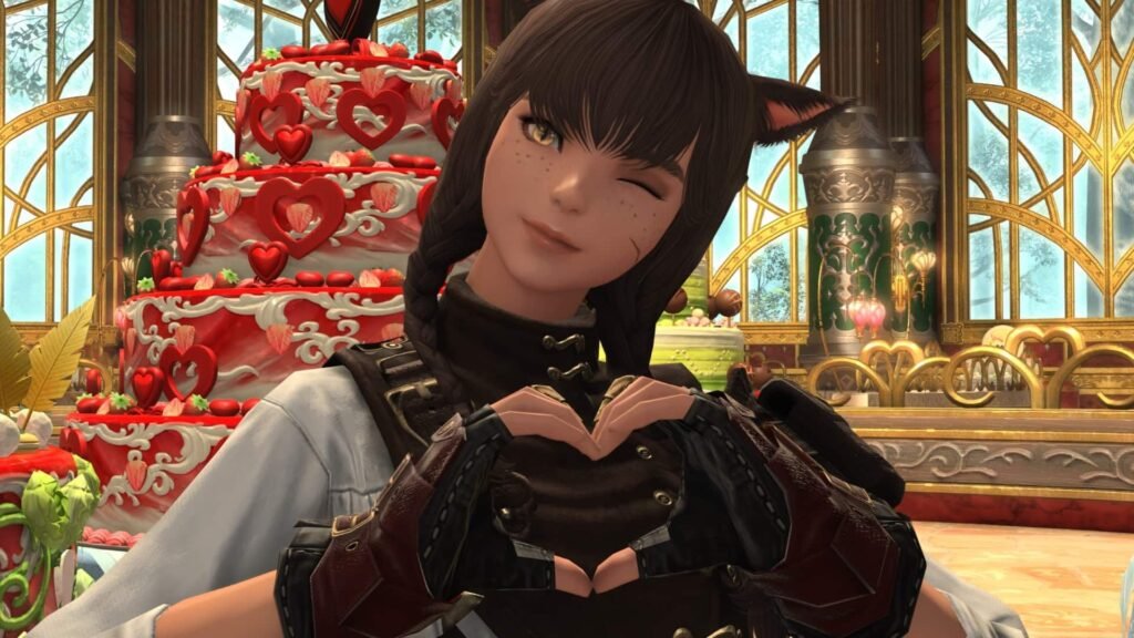 Final Fantasy 14 - A miqote doing the loveheart emote with a cake behind her