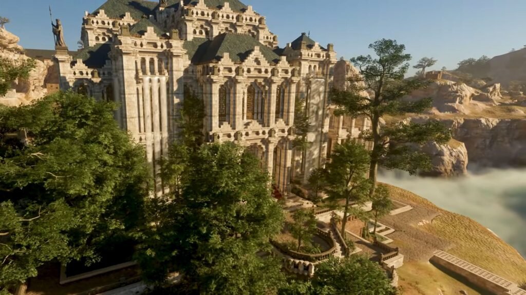 A castle overlooking a foggy ravine