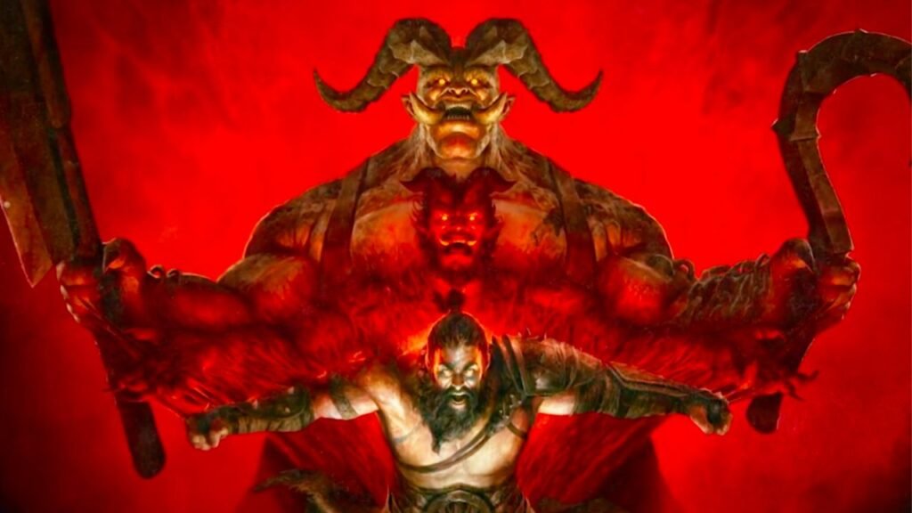 Key art for Diablo 4's Season of Slaughter. A massive horned demon holding a cleaver and a hook stands behind a barbarian character.