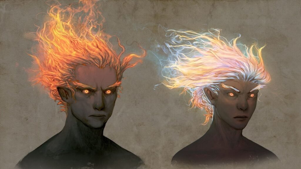 Two genasi with glowing eyes and hair from Neverwinter Nights 2 concept art.