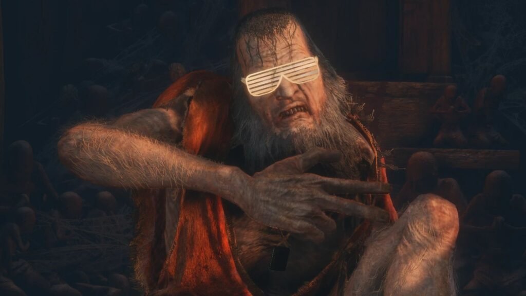 Sekiro's sculptor with those plastic vented sunglasses superimposed on his face.