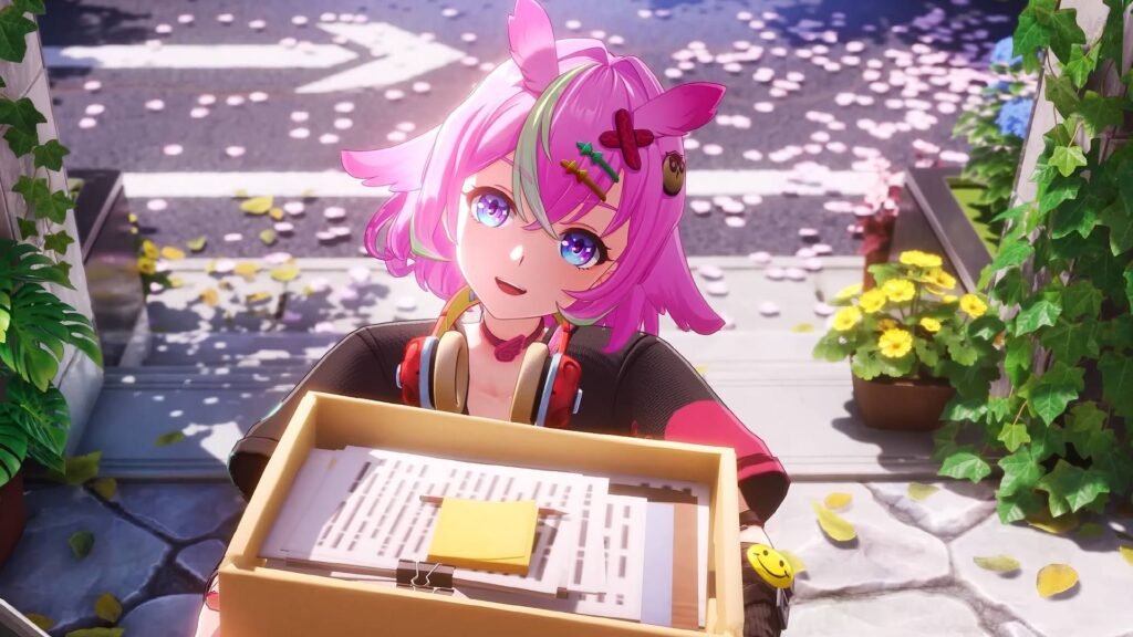 Neverness to Everness - a girl with pink hair carrying a box of books and paper.