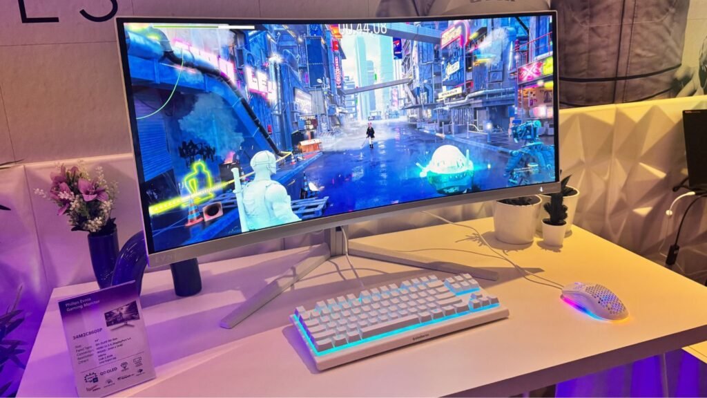 Philips Evnia 34M2C8600P gaming monitor on a white desk