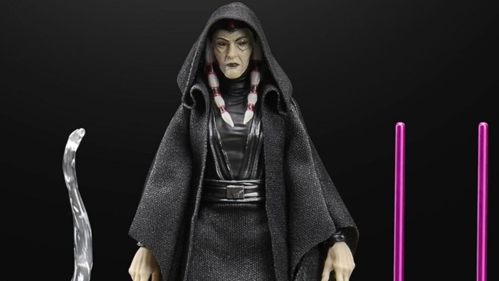 They finally made an action figure of Star Wars’ most evil and nasty grandma but it’s already sold out Kreia action figure on gradient background with tips of lightsabers and lightsaber holders visible to her left and right.