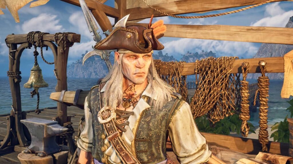 A pirate standing in front of a Fast Travel bell and Ship Wharf in Windrose