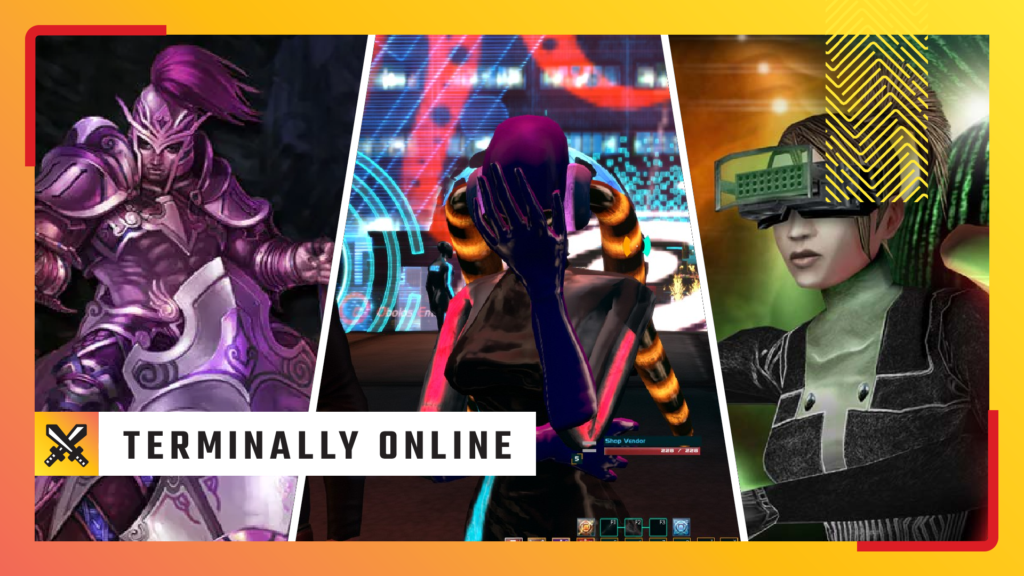 A triple-split header image in which three different MMOs are displayed, with PC Gamer's Terminally Online overlay imposed on top of them.