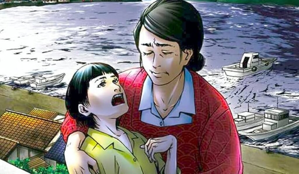 The Minamata Story cover. A woman wearing a red sweater holds a spasming child. Water and boats can be seen in the background.