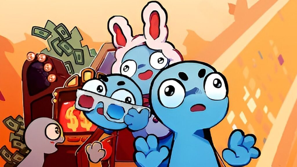 Gamble with your friends characters looking shocked with slot machine spewing money in background.