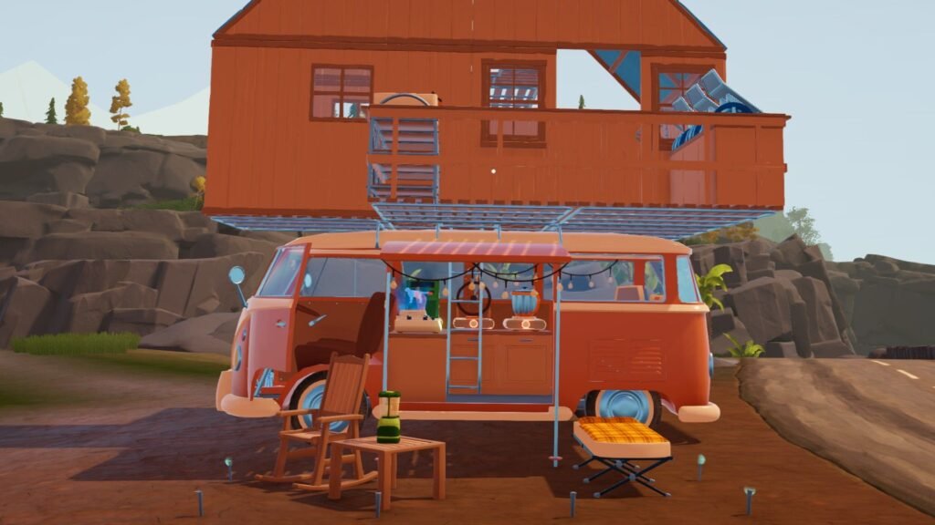 How to unlock tools in Outbound Outbound - A van parked on the beach. It's all setup for camping over night and has a tiny house built on top of it.