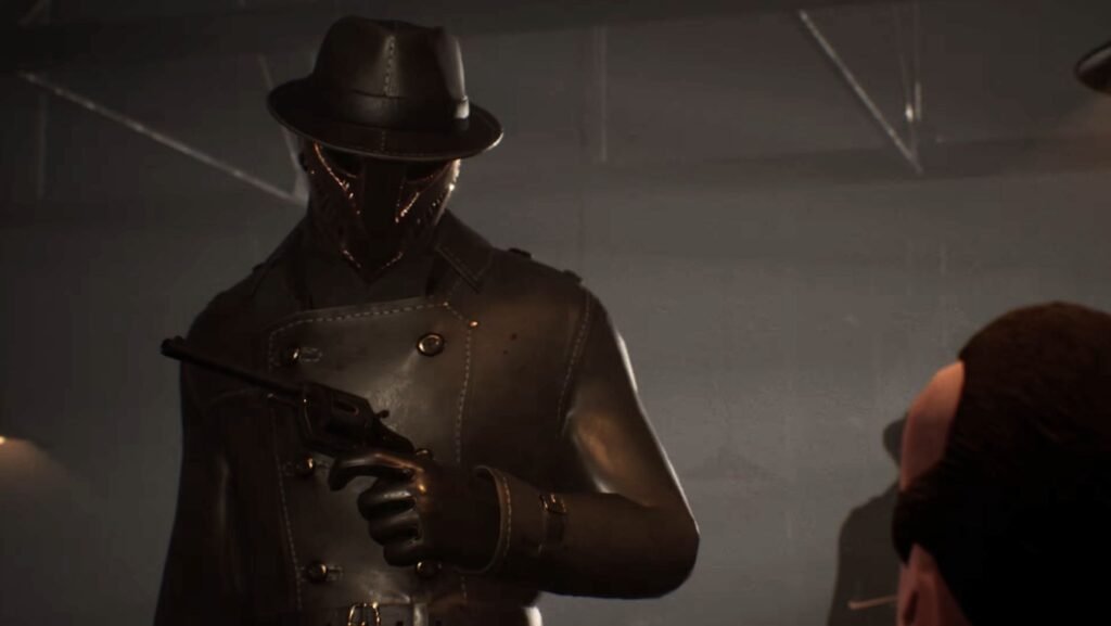 Final Sentence trailer still - masked man in a hat and trench coat, holding a revolver