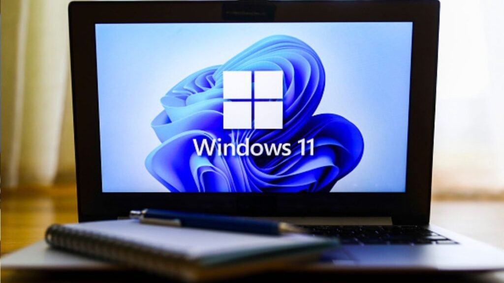 Windows 11 operating system logo is displayed on a laptop screen for illustration photo. Gliwice, Poland on January 23, 2022.