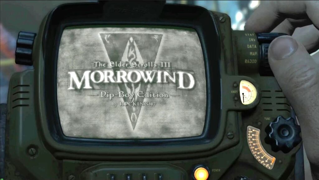 Morrowind title screen shown in black and white on Fallout 4 pipboy