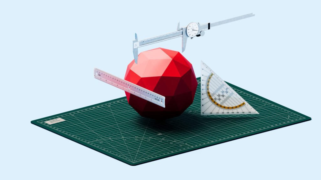 A conceptual image featuring a simple geometric icosphere being measured with a ruler, triangle ruler, and caliper. The composition symbolizes meticulous planning, technical accuracy, and the process of turning abstract designs into tangible results, reflecting the theme “Plans Come to Life.” Each measuring tool highlights careful calculation, structural assessment, and design precision, emphasizing the transformation from concept to execution. The minimalist geometric layout conveys ideas of creativity, engineering, and systematic realization of architectural or technical projects.