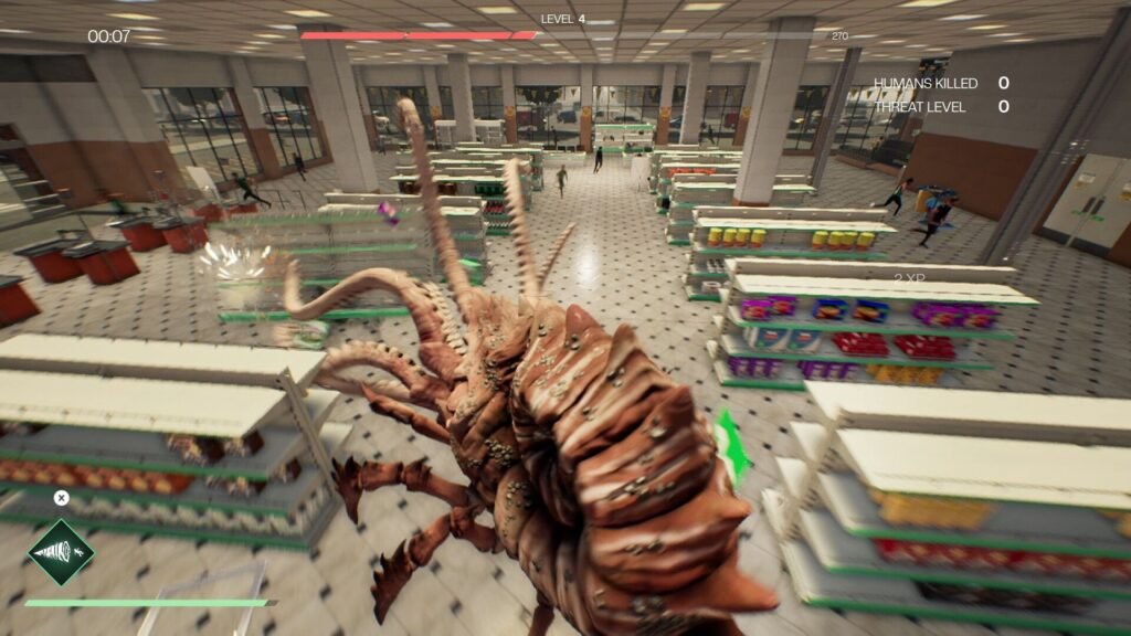 A monster smashing through a supermarket in You Are the Monster.