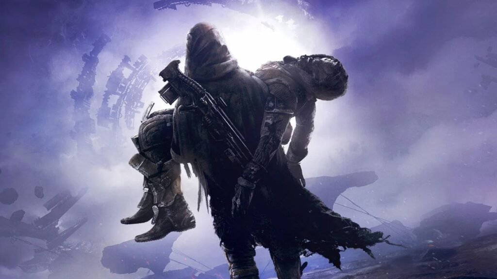 Art of a Hunter character walking away from the camera, holding a dead Cayde-6.