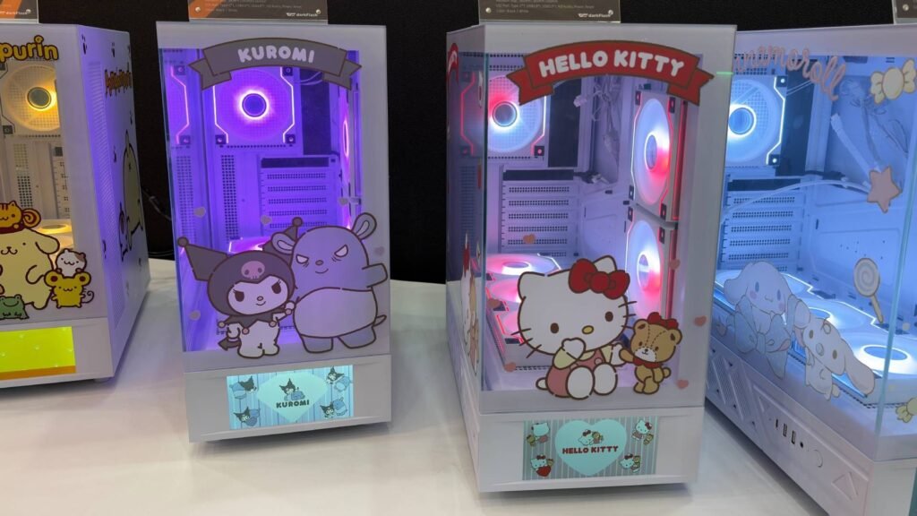 Four of darkFlash's latest co-branded Sanrio PC case collaboration. From left to right, the PC case designs feature PomPomPurin, Kuromi, Hello Kitty, and Cinnamoroll.