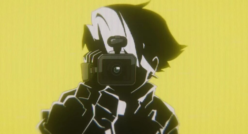 still frame from the first teaser for Cyberpunk: Edgerunners 2 with the silhouette of Roman Carax looking through the lens of a handheld camera.