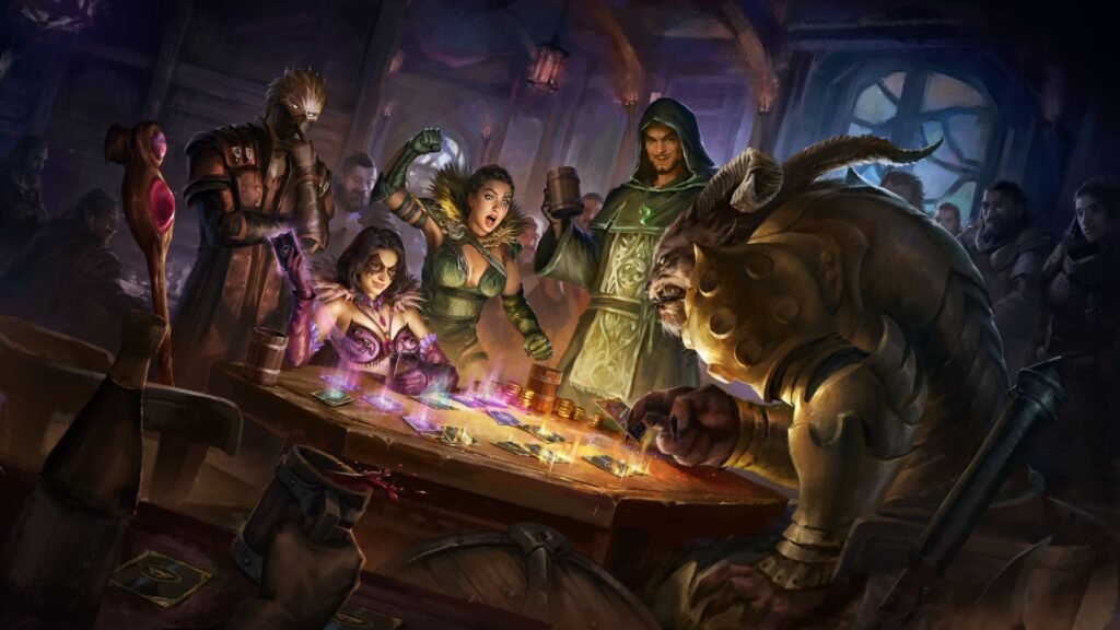 A group of fantasy characters enthusiastically play a card game around a tavern table.