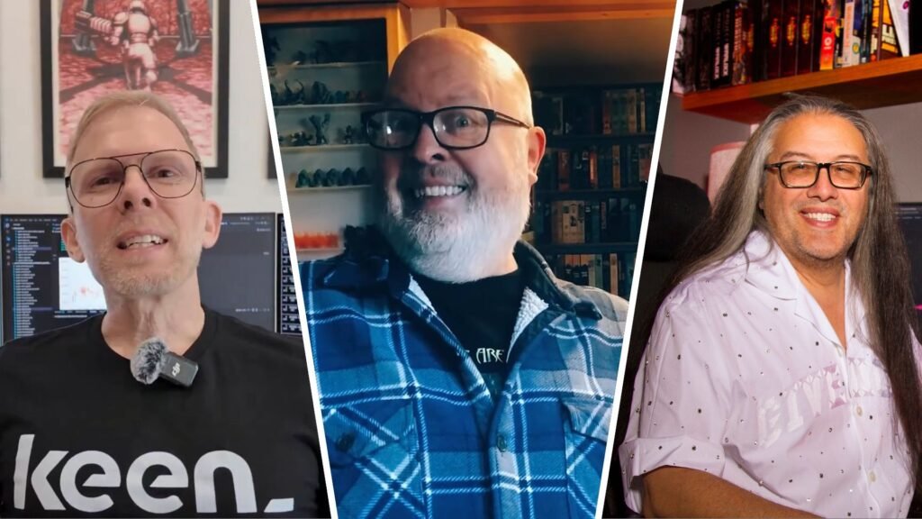 Composite image of John Carmack, Sandy Petersen, and John Romero