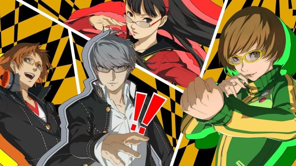 All-out attack art from Persona 4 Golden, showing the protagonist, Chie, Yukiko, and Yosuke.
