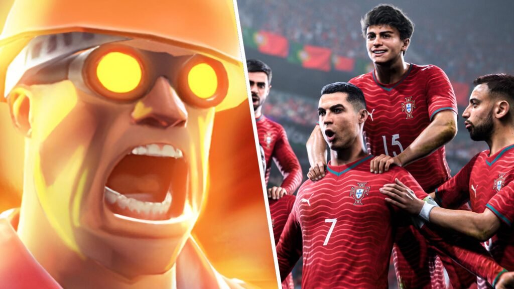 A vertically split image, with a yelling Engineer from Valve's Team Fortress 2 on the left, and footballers from EA Sport' FC 2026 on the right.