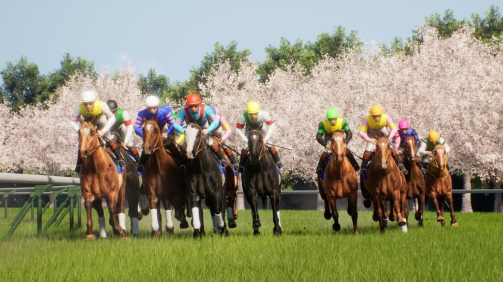 Steam is getting a jockey simulator next month that reimagines umamusume as normal horses Horse jockeys race beneath cherry blossoms in Full Stride