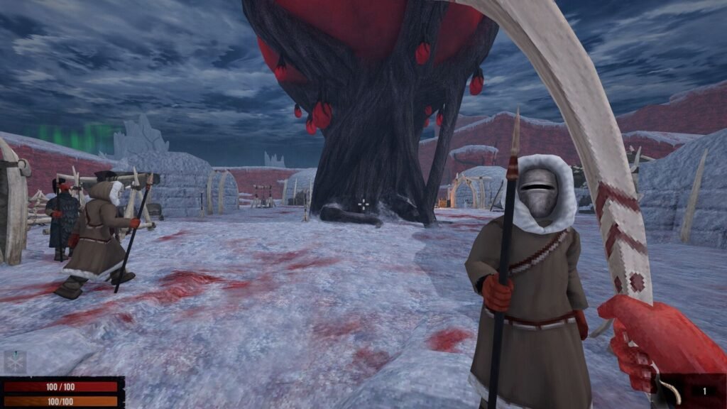 The player, wielding a curved blade, stands in an icy campsite flecked with blood. Fellow tribesmen wearing metal masks wander around the camp centre.